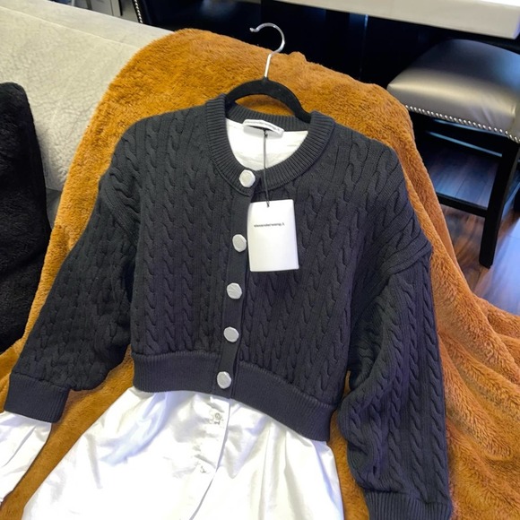 Alexander Wang Bi-Layer Cable Knit Cardigan in Black & White - Picture 6 of 14